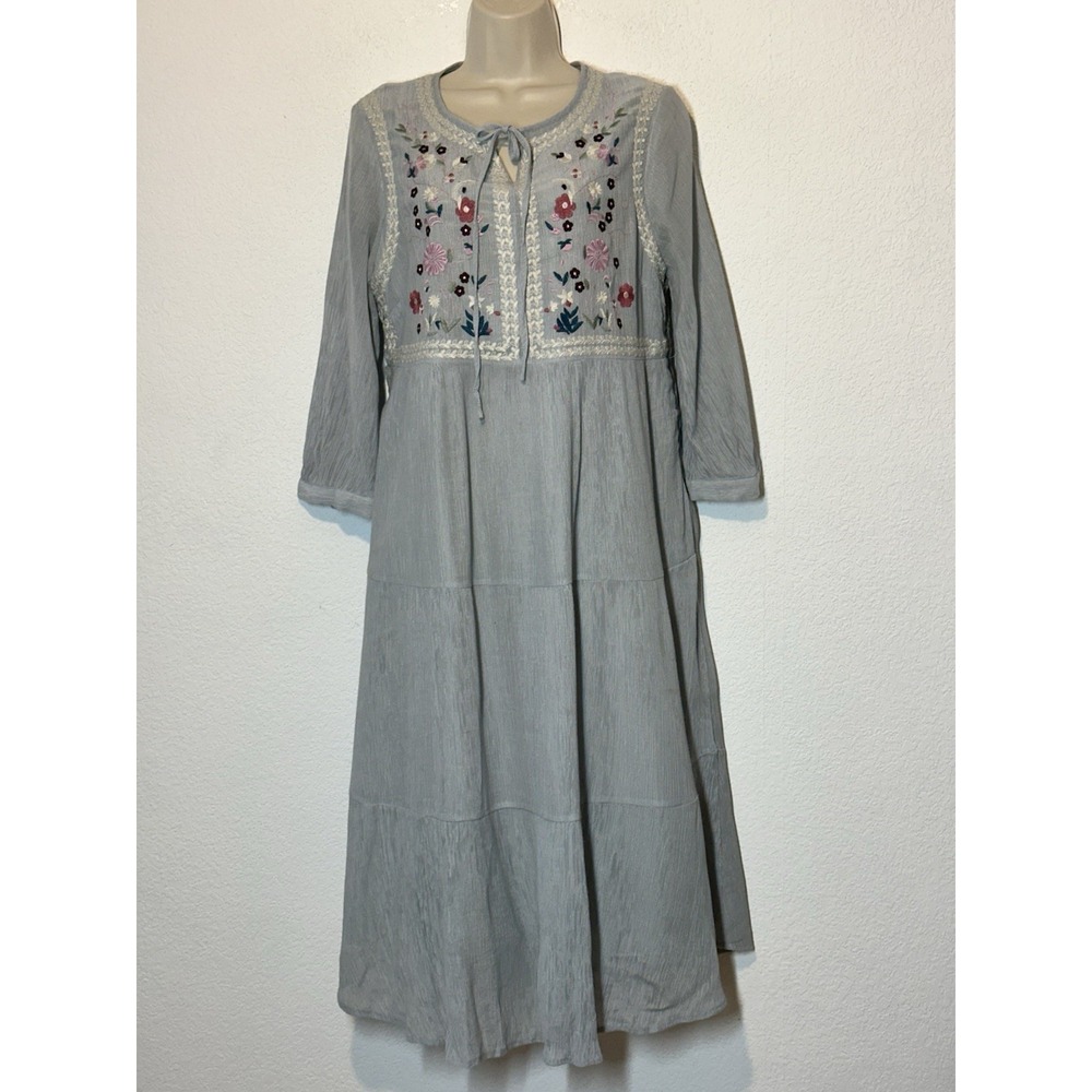 New Orange Creek Large Blue Embroidered Midi Peasant Dress Tiered Boho Prairi